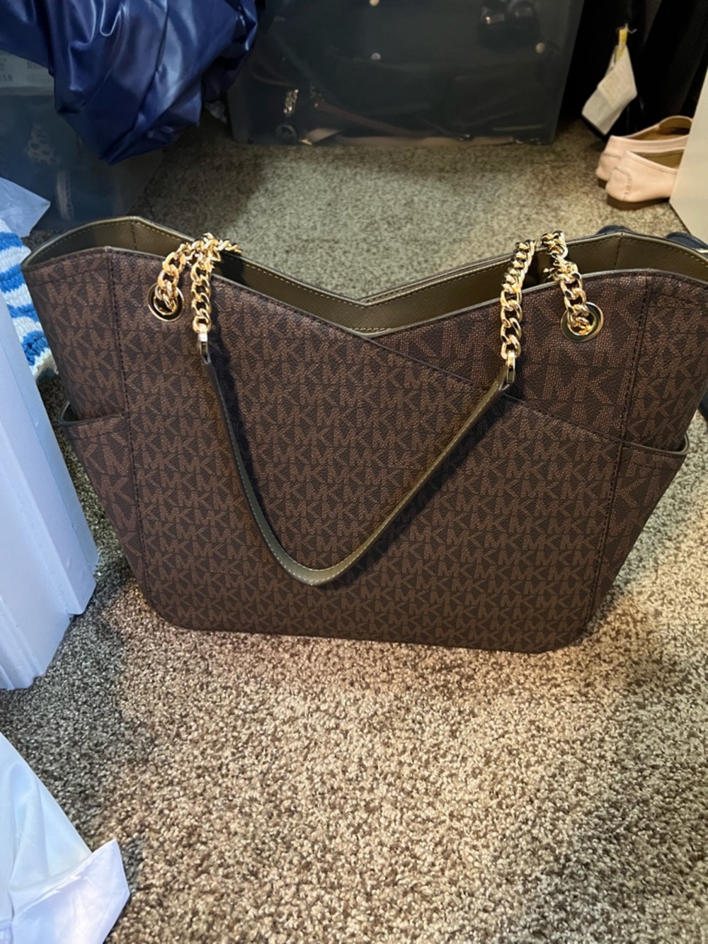 Michael Kors Brown Signature Logo Tote with Gold Chain Handles